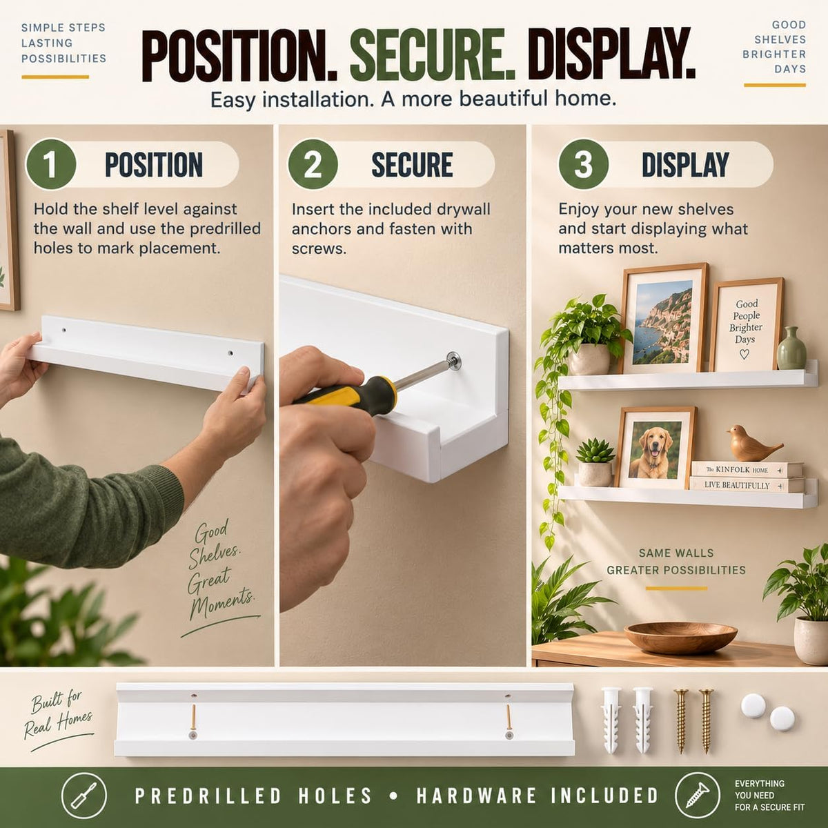 Greenco Picture Shelf, Set of 2 Wall Mounted Photo Ledge Floating Shelves for Bedroom, Living Room, Kitchen, Bathroom, Nursery Display, White Finish