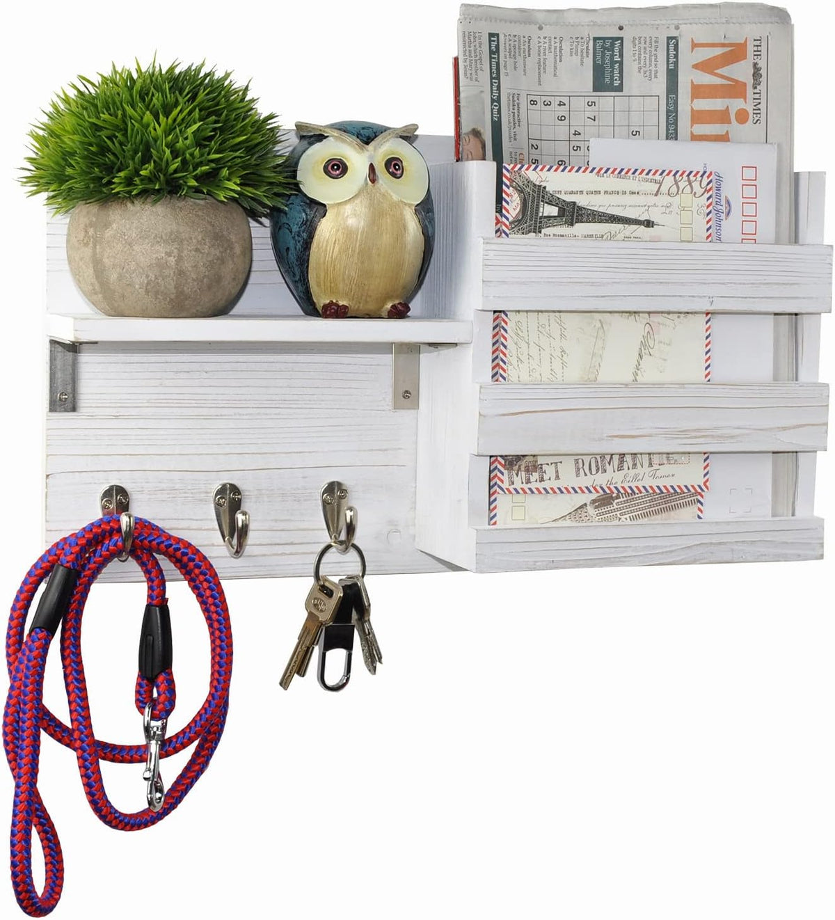 Wall-Mounted Key Hooks Holder and Mail Sorter - Rustic Wood White - Entryway Organizer for Letters, Leashes, and Purses - Floating Shelf, 16.5” W x 9.75" H x 4.5” D
