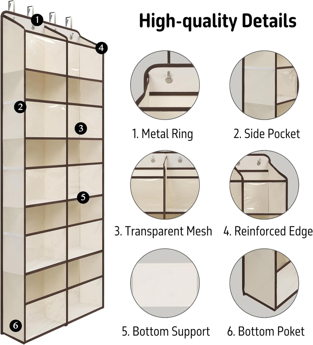 White Over Door Organizer with 10 Large Front Pockets and 6 Side Mesh Pockets, Double-Row Hanging Door Storage for Closet, Bathroom, Nursery, Bedroom, Dorm, Toys, Toiletries, Baby Essentials