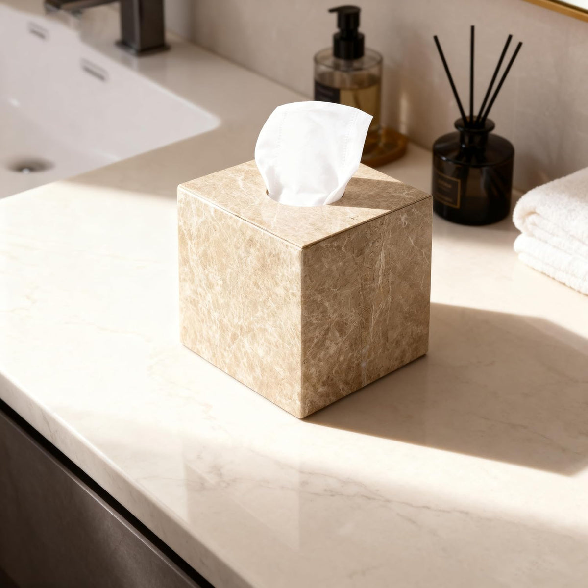 Natural Marble Tissue Box Holder Cover with Open Bottom