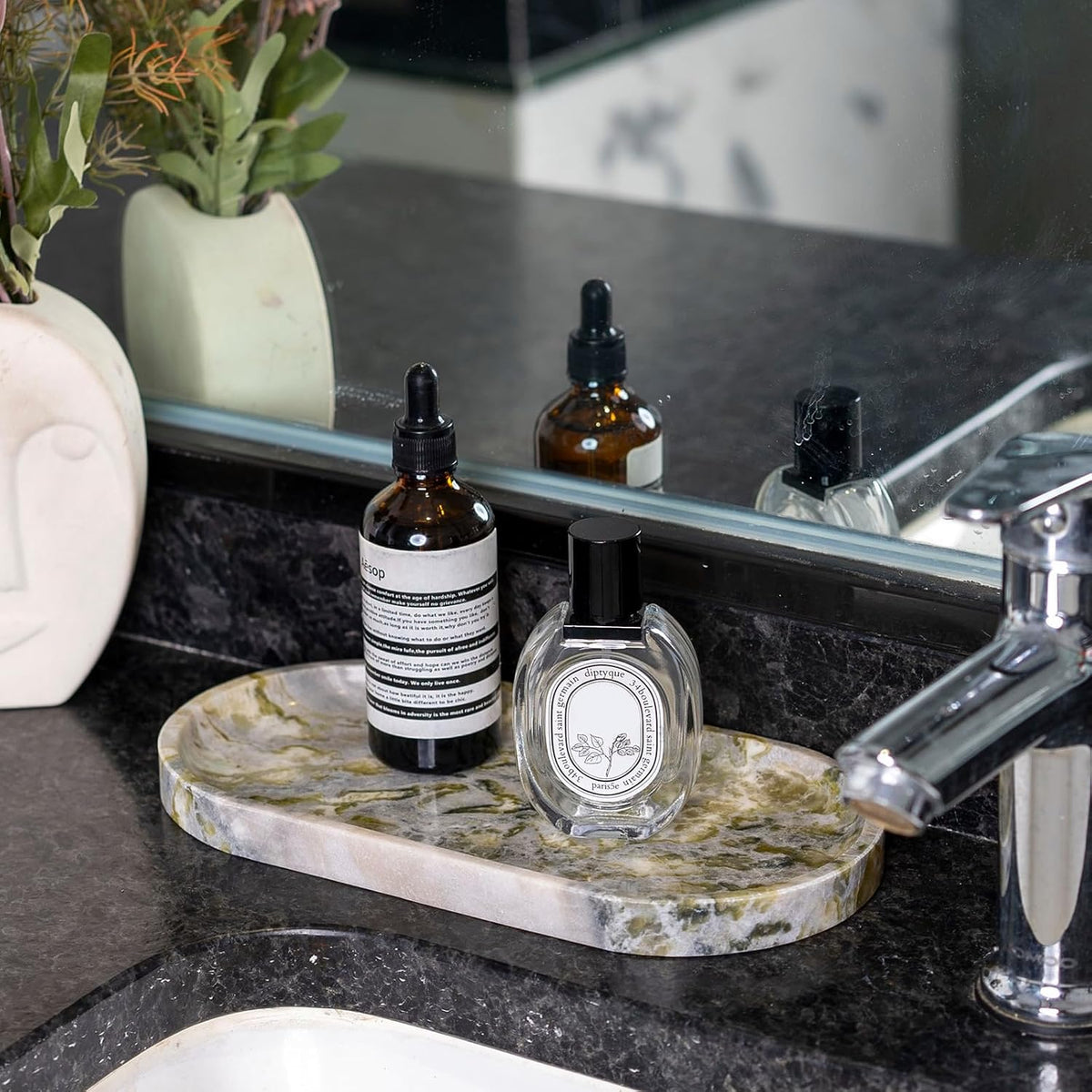 Koville Green Marble Vanity Tray for Bathroom Countertop