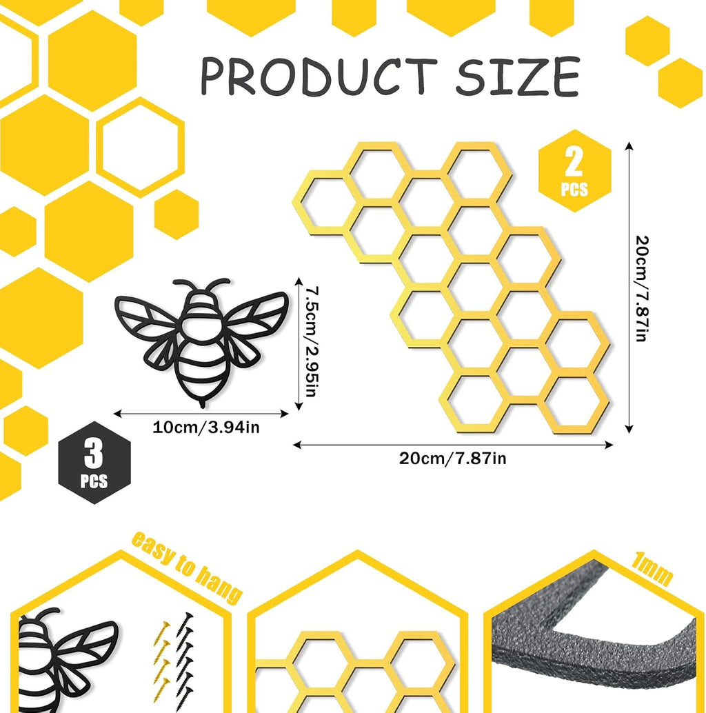 Peryiter 5 Pcs Metal Bee Wall Art Farmhouse Honey Bee Honey Comb Decor Wire Metal Wall Decor Hanging for Living Room Garden Bedroom Office Home (Black, Gold)