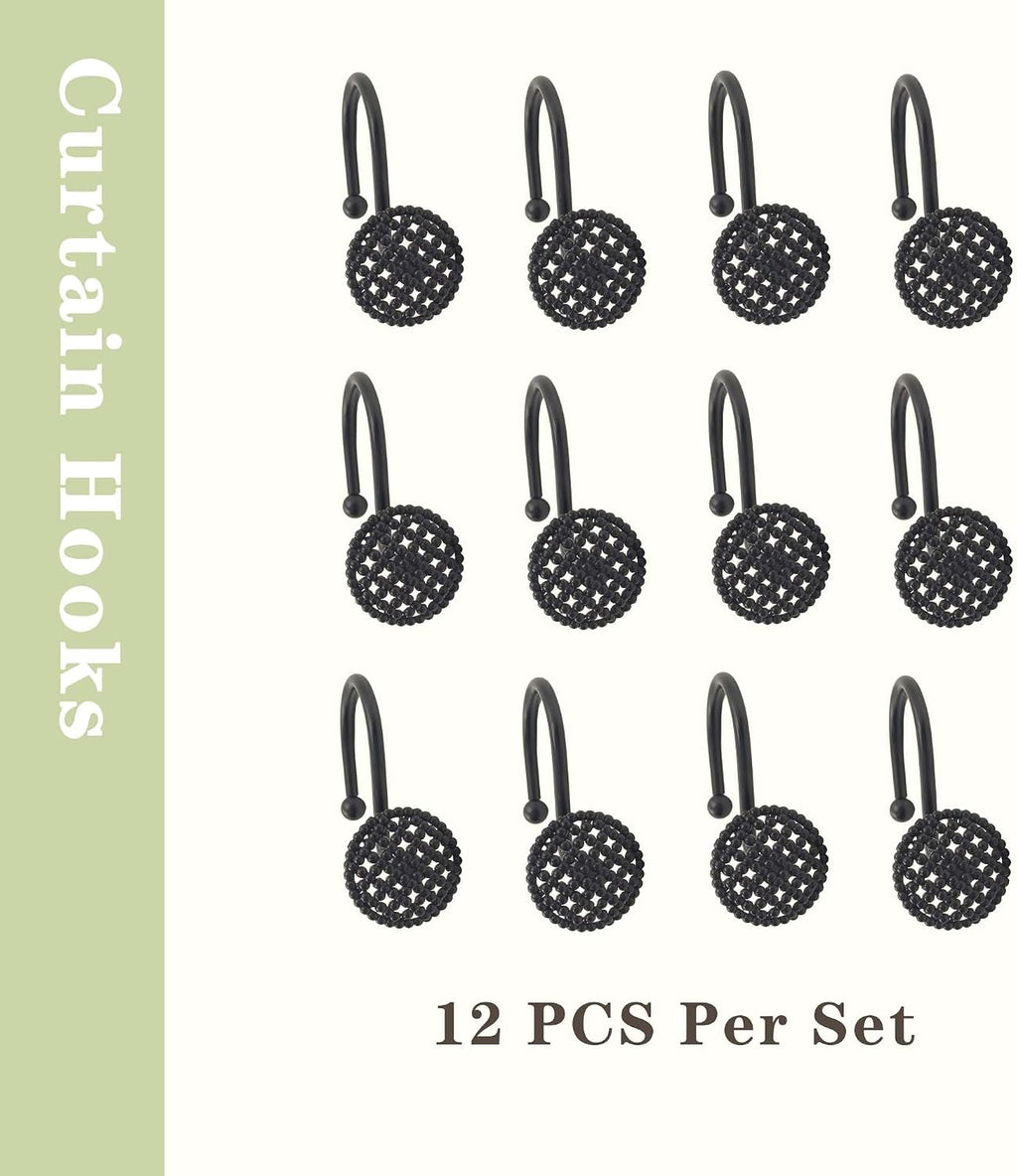Black Shower Curtain Hooks, 12 Pack Modern 3D Beaded Decorative Shower Curtain Rings, Rust Proof Heavy Duty Metal Shower Hangers for Bathroom Rods