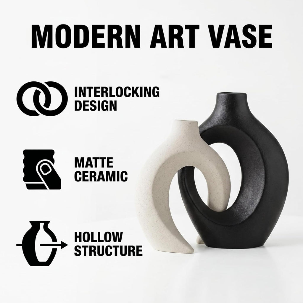 Liotww Black and Off-White Snuggle Hollow Ceramic Vase of 2 for Home Decor