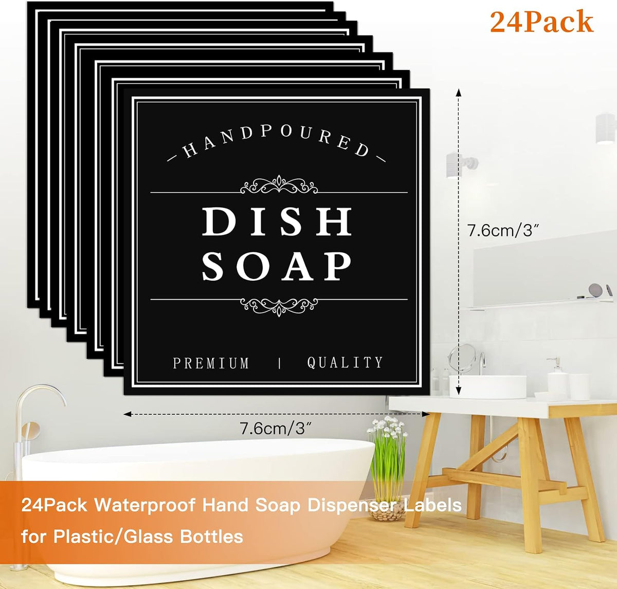 24PCS Waterproof Soap Labels for Bottles, Bathroom Hand Soap Label Stickers, Shampoo and Conditioner Dispenser Labels for Glass/Plastic Spray Bottle (Black)
