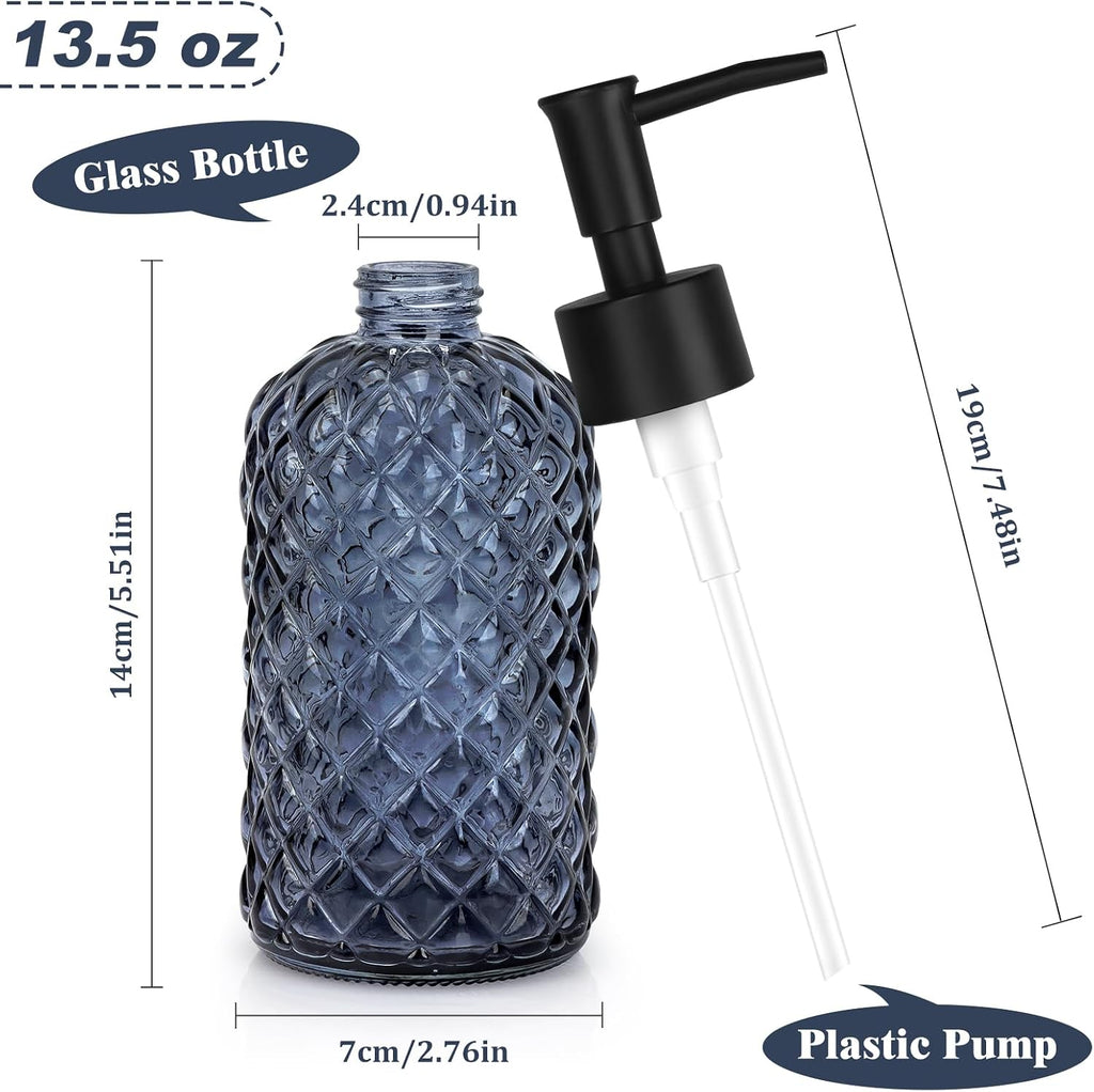 13.5oz Glass Soap Dispenser with Plastic Pump, Diamond Design Refillable Hand Soap Dispenser for Hand Wash, Bathroom and Kitchen (Blue Grey)