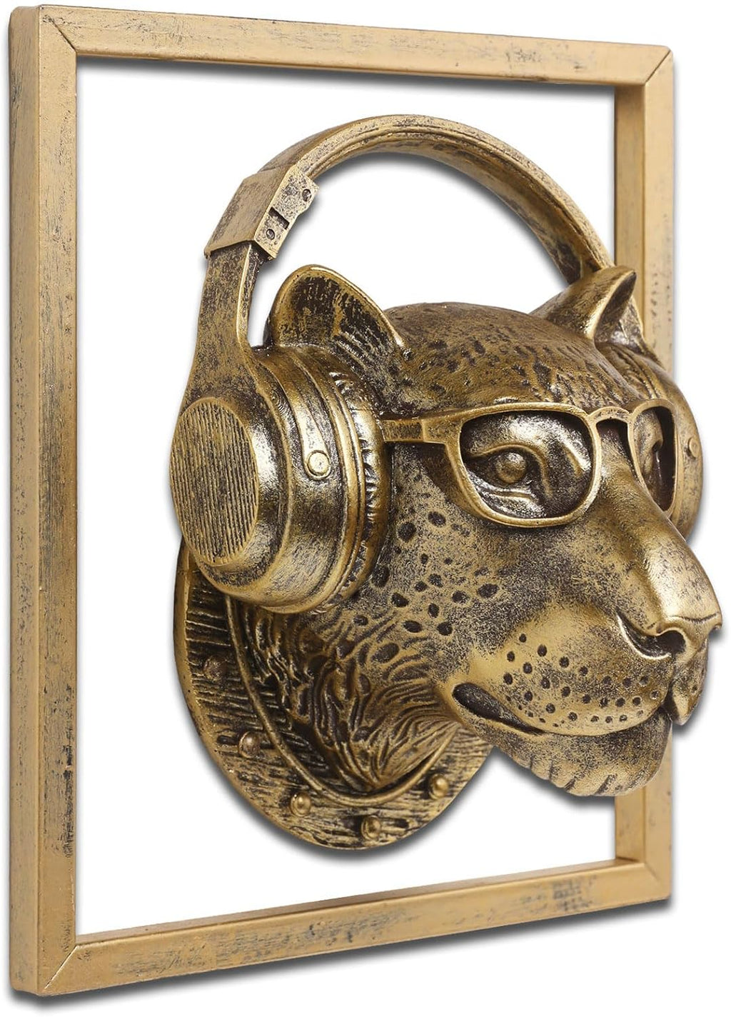 JJALIGHTS Exquisite Resin Animal Head Wall Sculpture (Gift Metal Frame) - Imitation Copper Vintage Decor for Living Room, Bedroom & Office | Decorative Wall Hanging Art (Leopard)