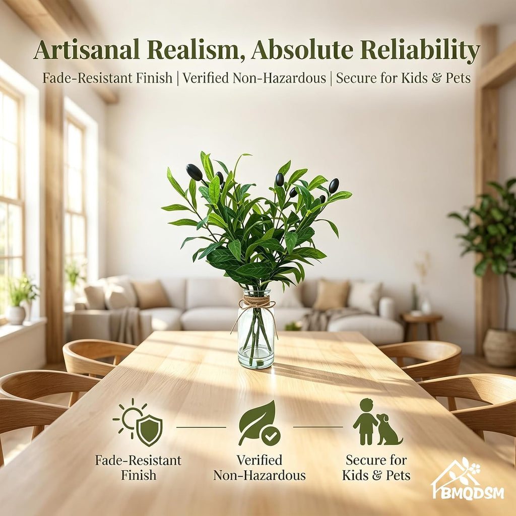 Artificial Olive Branches in Glass Vase with Faux Water,13.5" Fake Plants for Bathroom Shelf Decor, Farmhouse Centerpieces for Tables, Small Desk Plants for Home Office Decor (Olive Branches)