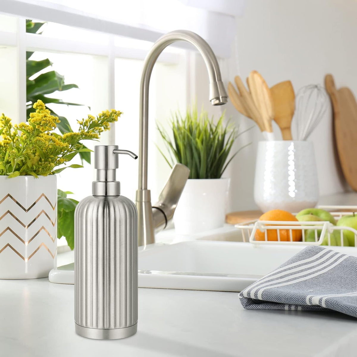 Countertop Soap Dispenser - Rust-Proof Roman Column Shaped Stainless Steel Bottle with Pump for Bathroom and Kitchen - 18 oz Brushed Nickel Liquid and Lotion Dish Soap Dispenser
