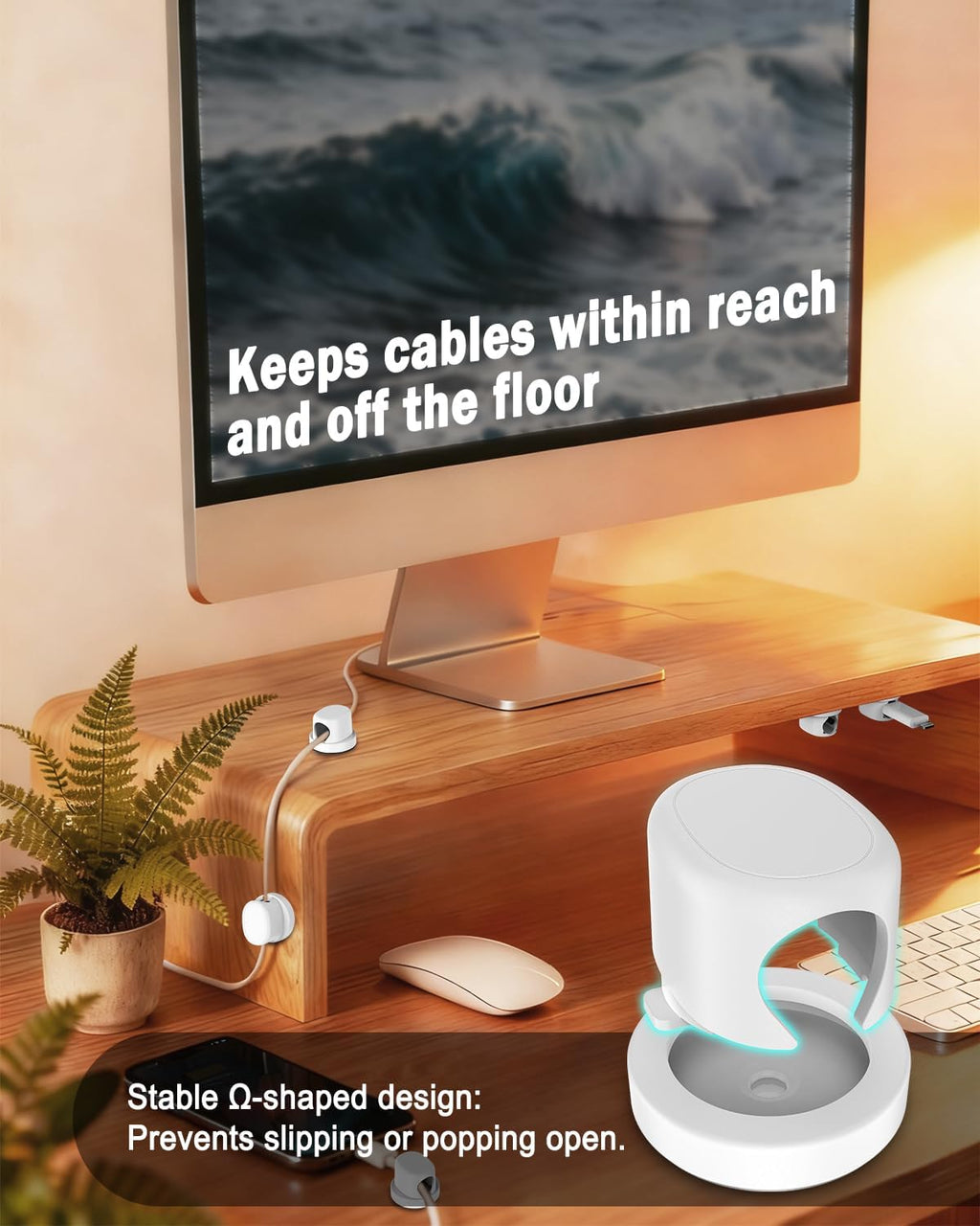 Rotatable Cord Holder, Snap-Lock Cable Clips, 8 Pack Adhesive Cord Organizer, Phone Charger Wire Organizer Keeper for Nightstand Car Kitchen Office Accessory,White