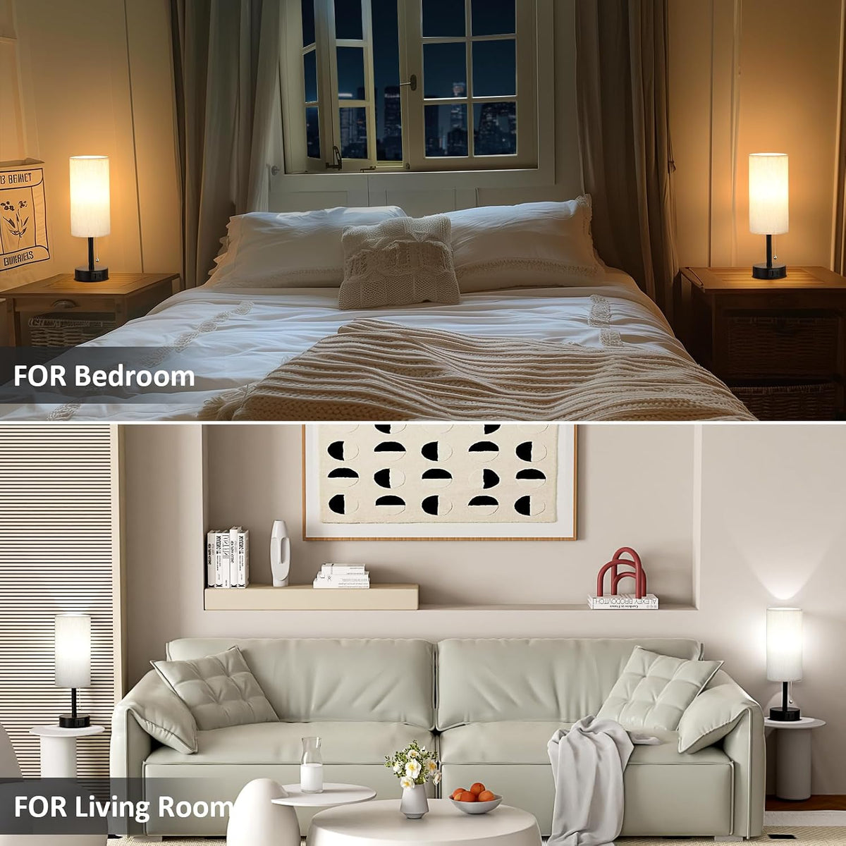 Fenmzee Cream Bedside Table Lamps Set of 2 - Bedroom Lamp for Desk, USB C+A