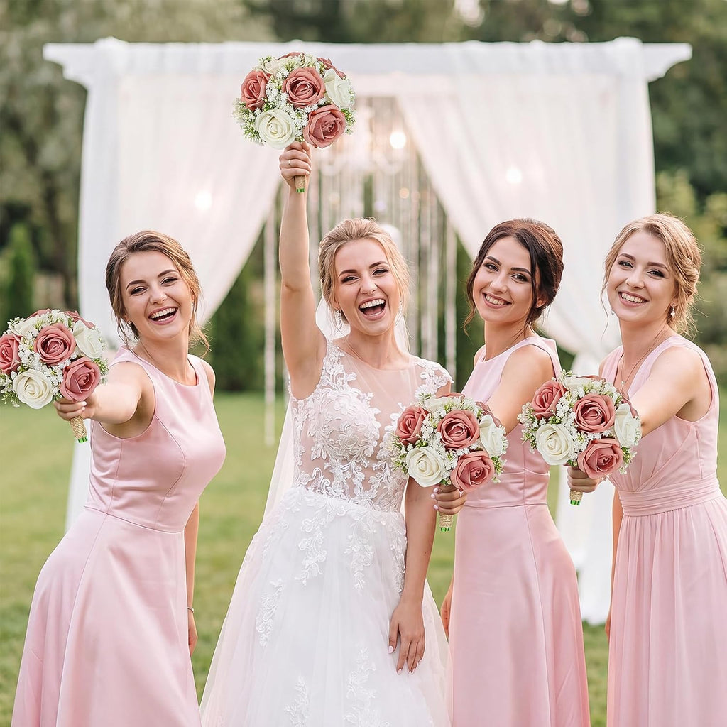 Artificial Bridesmaid Bouquets Set of 4 for Wedding-7 inch Pink Flowers Bouquets for Bridesmaids, Faux Rose Gypsophila Rustic Small Floral Bouquet Fake Boho Wedding Party Ceremony Anniversary Decor