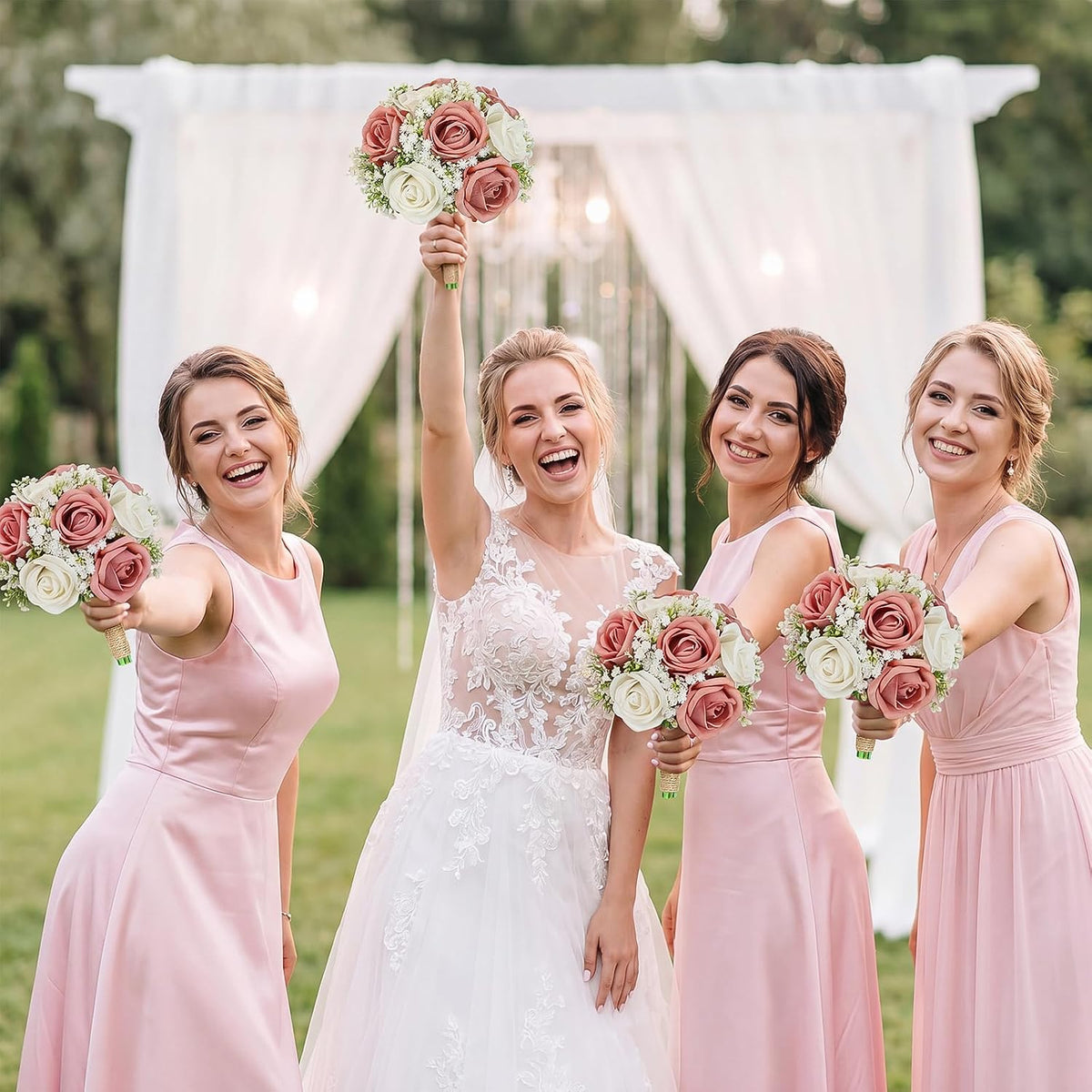 Artificial Bridesmaid Bouquets Set of 4 for Wedding-7 inch Pink Flowers Bouquets for Bridesmaids, Faux Rose Gypsophila Rustic Small Floral Bouquet Fake Boho Wedding Party Ceremony Anniversary Decor