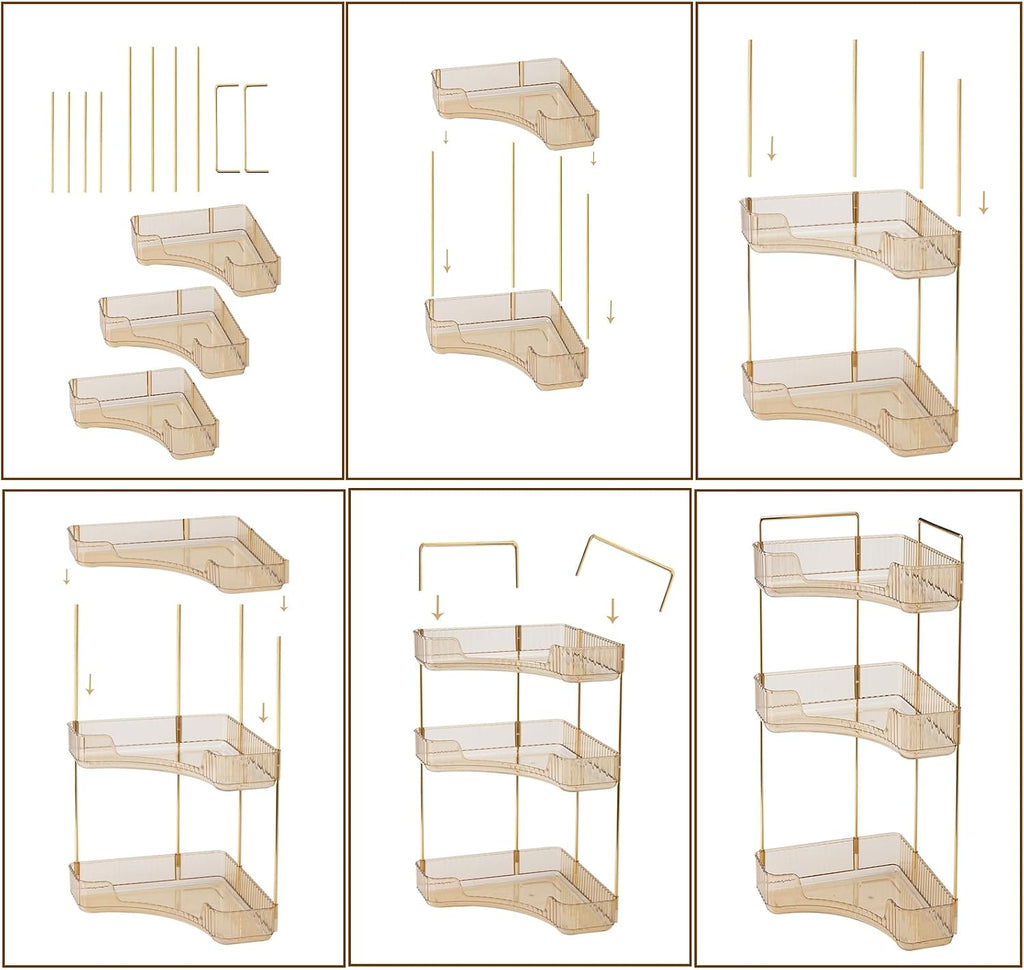 shuang qing 3-Tier Corner Bathroom Counter Organizer – Classic Storage Shelf for Makeup, Perfume & Toiletries, Space-Saving Countertop Tray Fits Bathroom, Dresser, Kitchen (Vintage Gold)