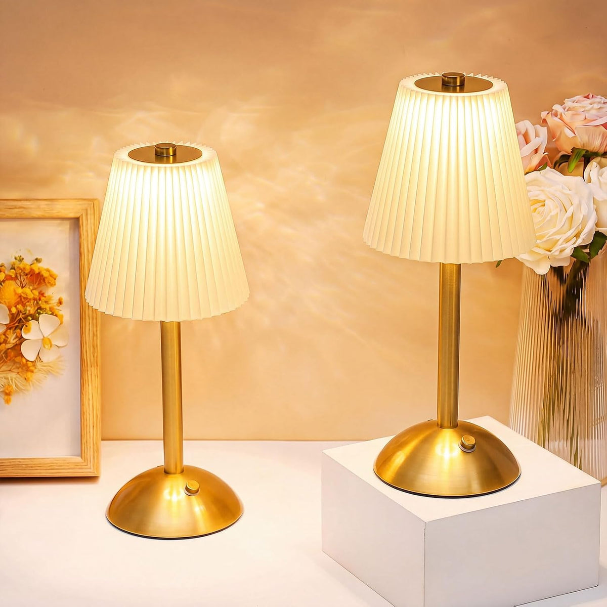 Liliful 4 Pcs Cordless Table Lamp LED Touch, Gold, Beige Cloth Style