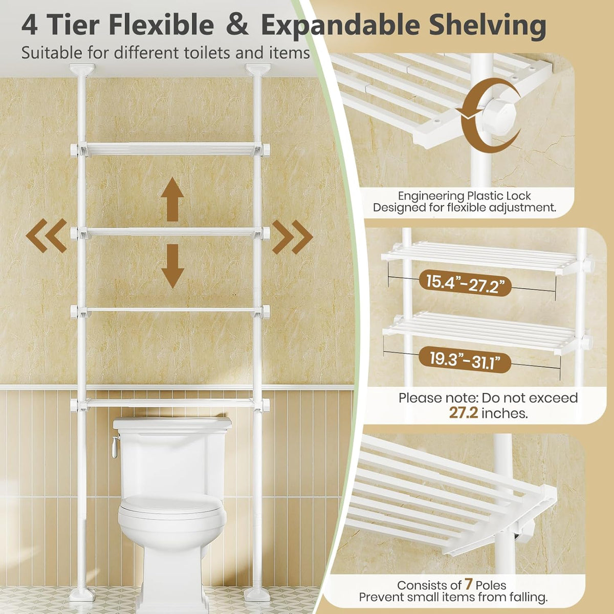 Over The Toilet Storage Shelf No Drill 4-Tier Adjustable Bathroom Organizer