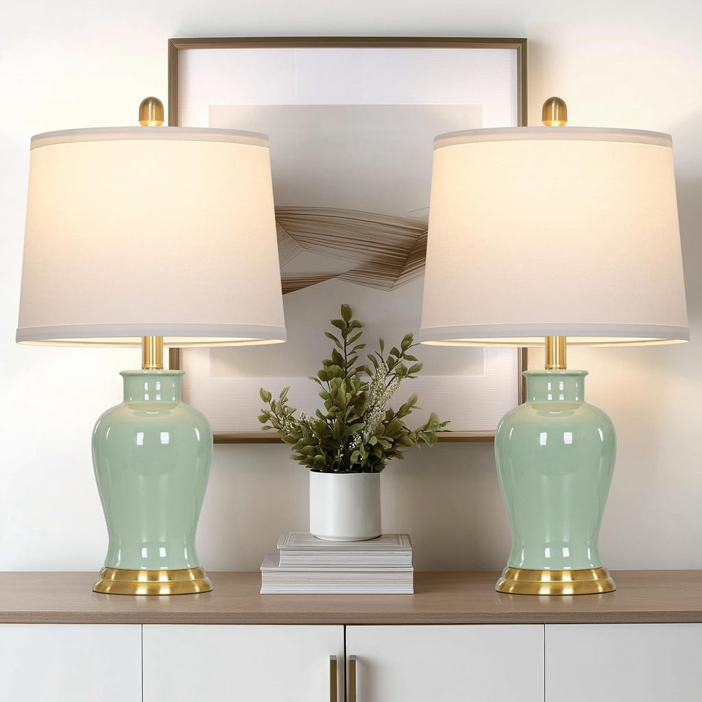 Ruzectt Green Ceramic Lamps Set of 2, 23" Modern Table Lamps for Living Room, Classic Bedside Lamp with Ginger Jar Design, Elegant Bedroom Lamp for Night Stand Desk Side End Table Home Decor