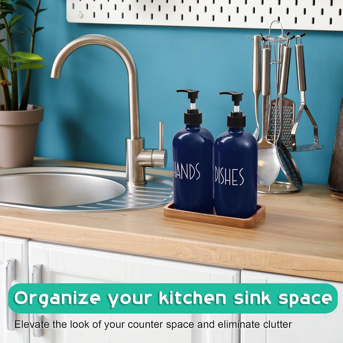 Navy Blue Dish Soap Dispenser for Kitchen - 16 OZ Hand Soap Dispenser Set with Acacia Wood Tray - Blue Kitchen Bathroom Home Decor and Accessories