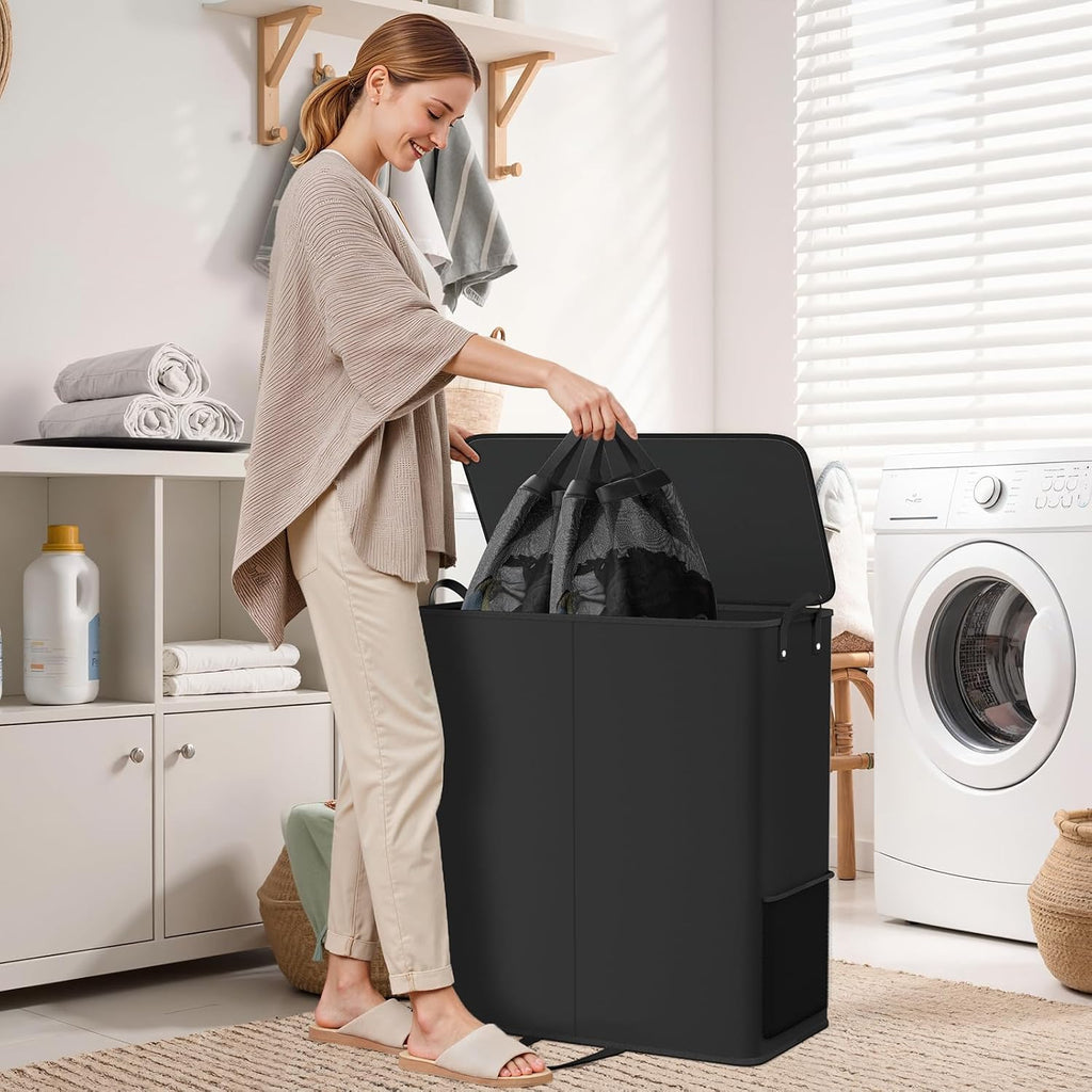 155L 2 Section Laundry Hamper with Lid, Laundry Basket, Black