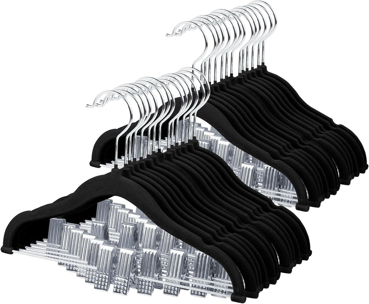 ManGotree 11.8'' Baby Velvet Hangers with Movable Clips 28 Pack Black