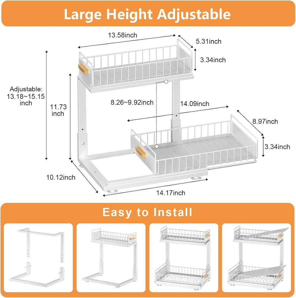 Under Sink Organizer, High Adjustable 2 Tier Under Kitchen Sink Organizer, Multi-Purpose Storage Shelf for Kitchen Bathroom Cabinet, White