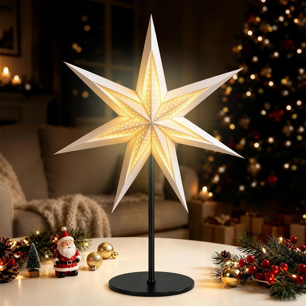 Lewondr 3D Christmas Paper Star Table Lamp, 17.72" 7-pointed Xmas Star