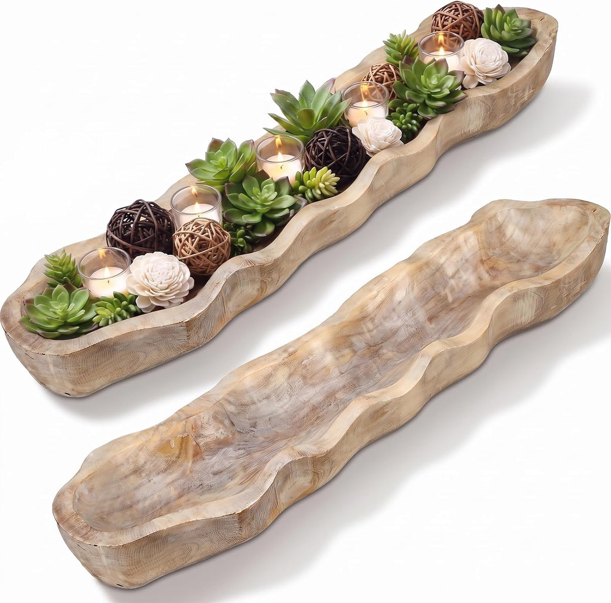 Nuogo 1 Pcs 30 Inch Wooden Decorative Dough Bowl, Wave Shaped