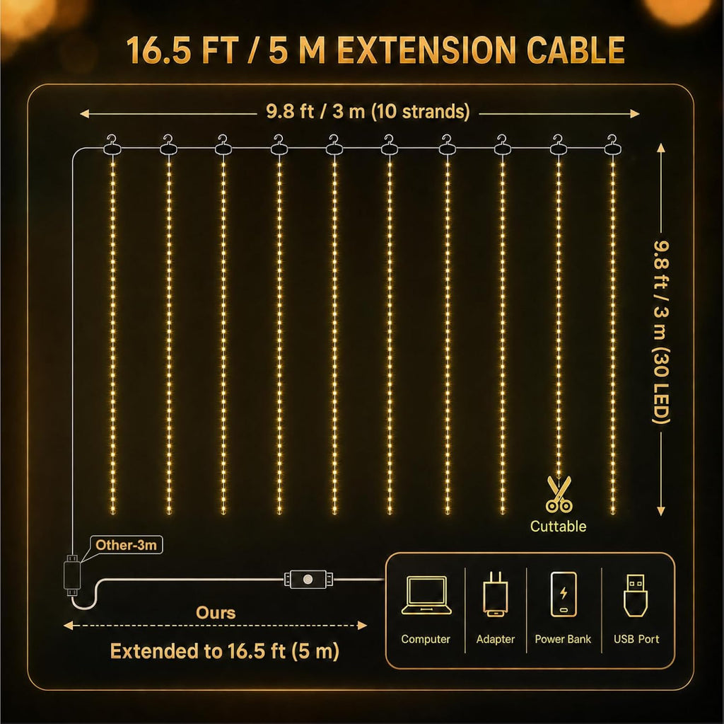 HXWEIYE 300LED Fairy Curtain Lights, 9.8x9.8Ft USB, Remote, Tangle-Free