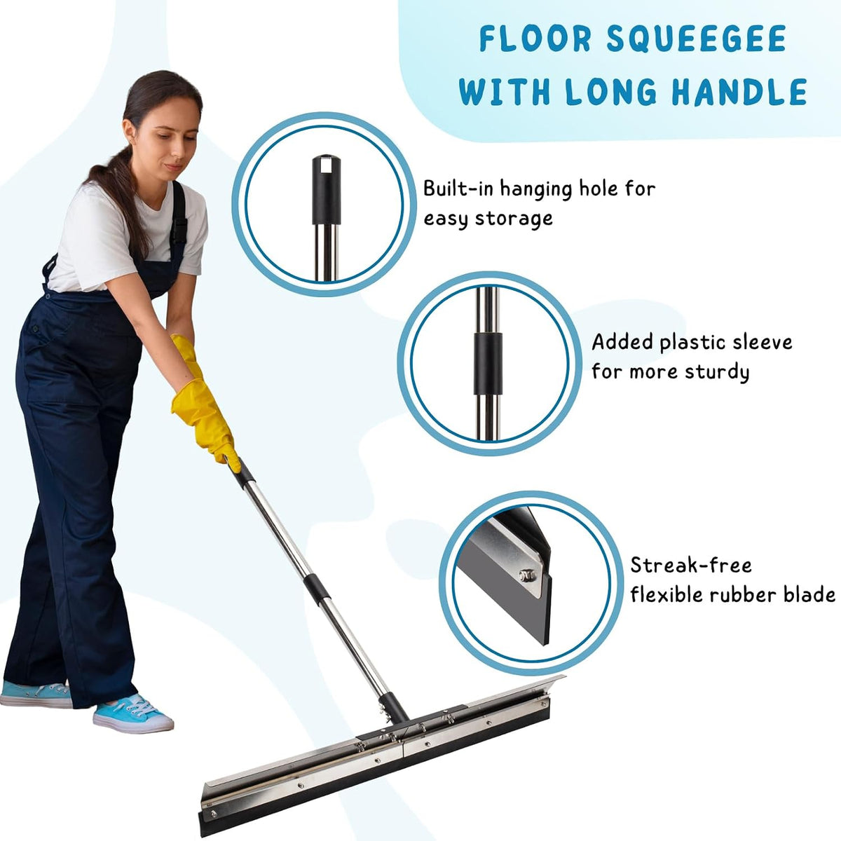 Floor Squeegee for Concrete Water Removal, 31'' Large Heavy Duty Water Pusher with Splash Guard for Garage, Deck, Driveway, Pool, Patio, Tile, 55.5’’ Long Handle Commercial Outdoor Rubber Squeegees