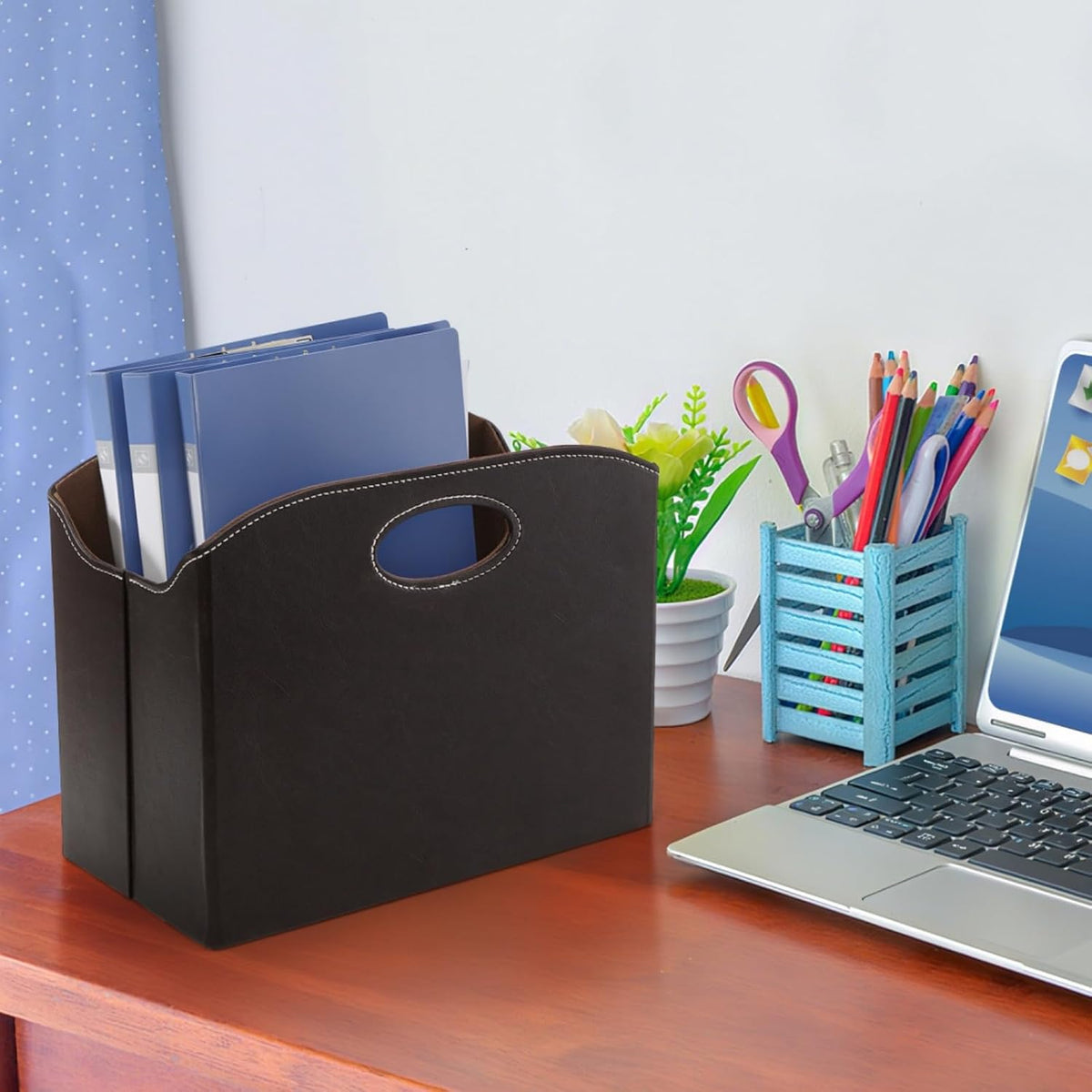 WRINGKIT Leather Magazine File Holder, Foldable Magazine Basket with Handle