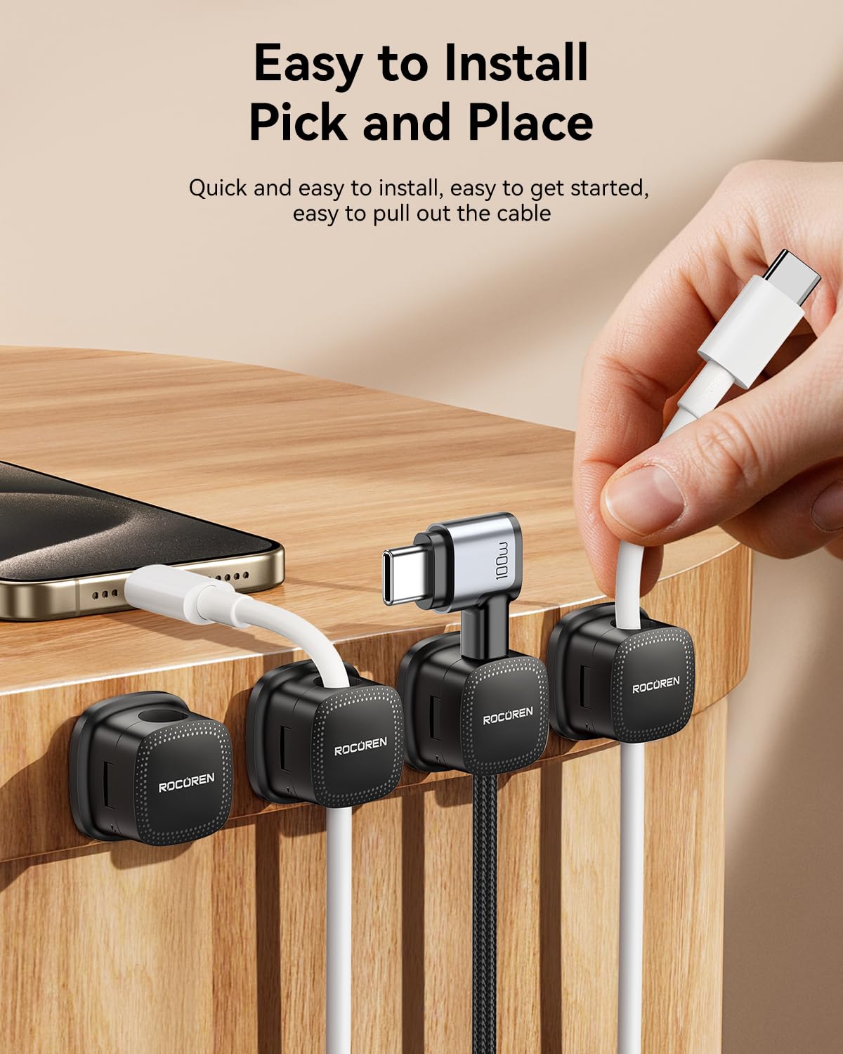 Rocoren 12‑Pack Magnetic 1s‑Lock Adhesive Cable Clips Cord Organizer