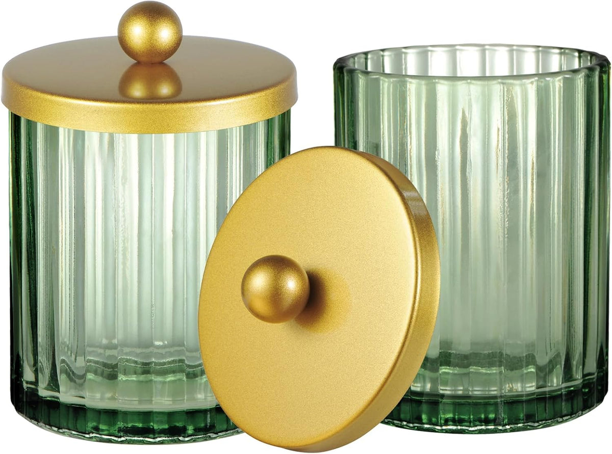 Amolliar Green Glass Qtip Holder Dispenser, Bathroom Canister, Gold 2 Pack