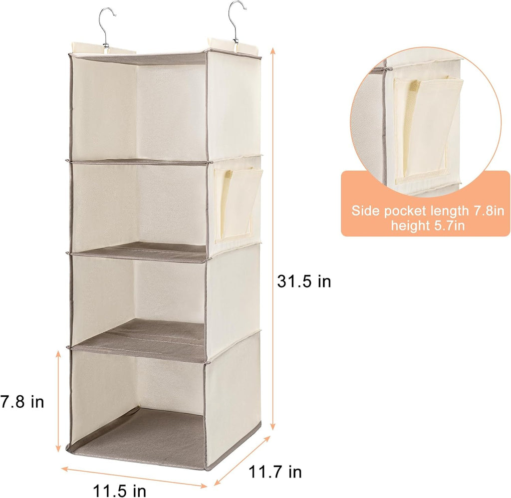 Hanging Closet Organizer and Shelves,4 Shelves with 1 Side Pockets (Beige)