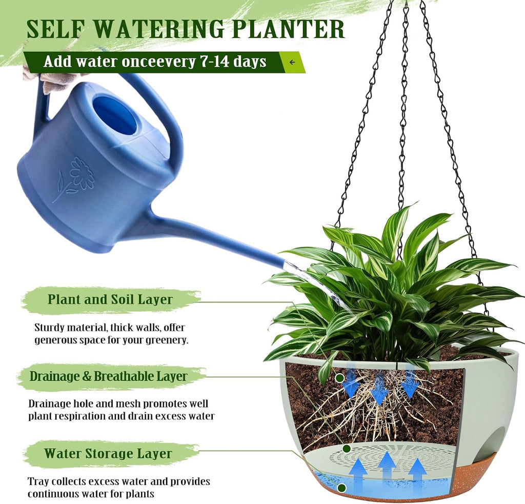 2 Pack 12 Inch Self Watering Hanging Planters for Indoor Outdoor Plants