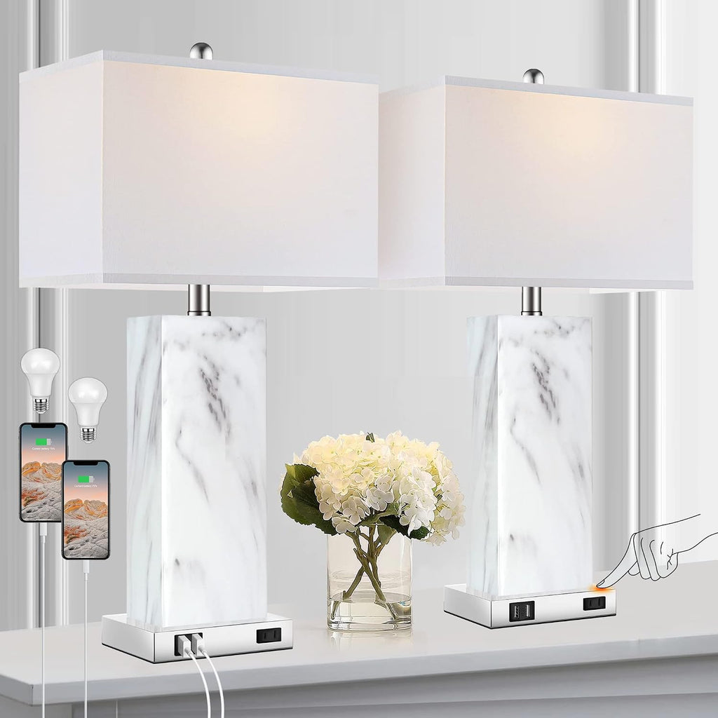 Touch Control Table Lamps Set of 2, Modern Ceramic Bedside Lamp with 2 USB Ports 1 AC Outlet, 3-Way Dimmable White Nightstand Lamp with Fabric Shade for Living Room, Bedroom (LED Bulbs Included)