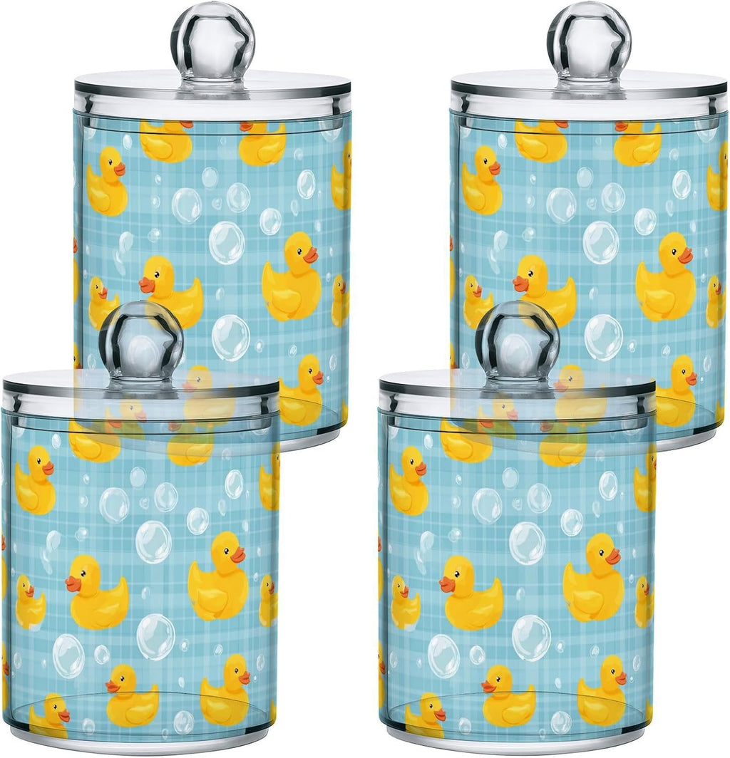 2 Pack Qtip Holder Dispenser Yellow Ducks Soap Bubbles Blue Apothecary Jars with Lids Dog Plastic Acrylic Bathroom Vanity Countertop Canister Storage Organizer for Cotton Ball,Swabs,Pads,Floss