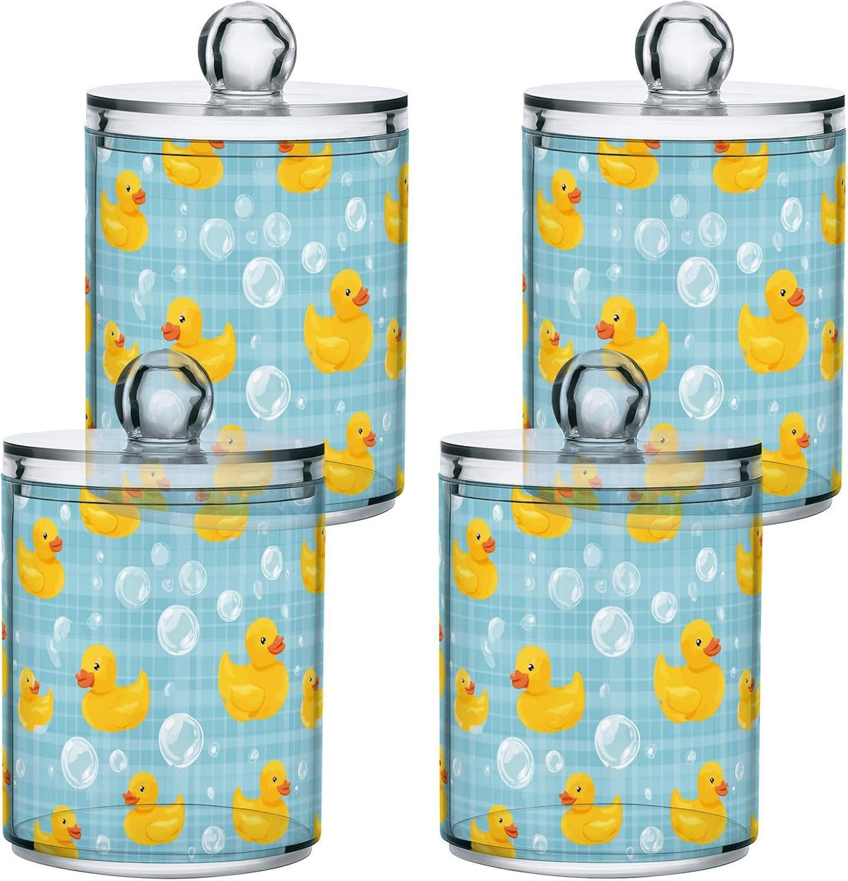 2 Pack Qtip Holder Dispenser Yellow Ducks Soap Bubbles Blue Apothecary Jars with Lids Dog Plastic Acrylic Bathroom Vanity Countertop Canister Storage Organizer for Cotton Ball,Swabs,Pads,Floss