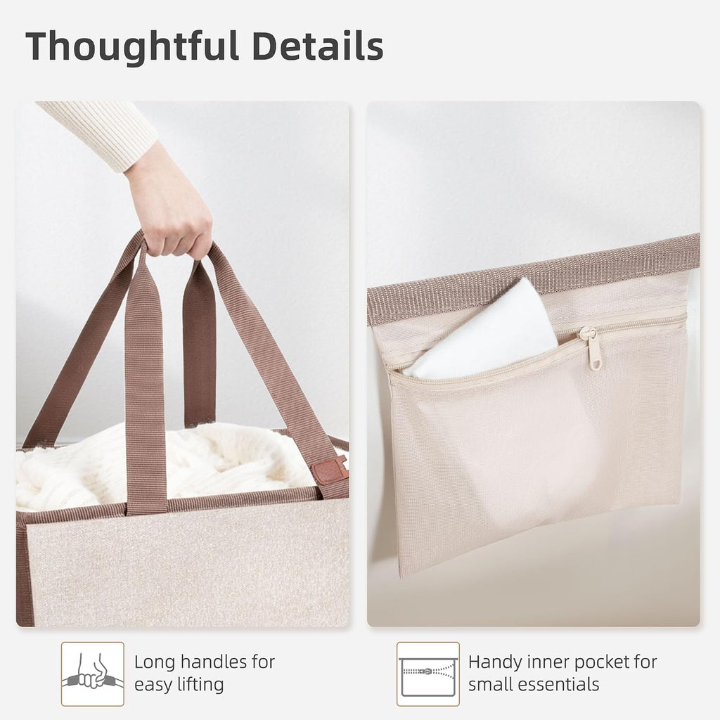 STORAGE MANIAC Collapsible Laundry Basket, 16.9 Gal. Large Pop-up Laundry Hamper with Long Carry Handles, Space-Saving Foldable Clothes Hamper with Bottom Elastic Band, Travel Laundry Bags, Oat Beige