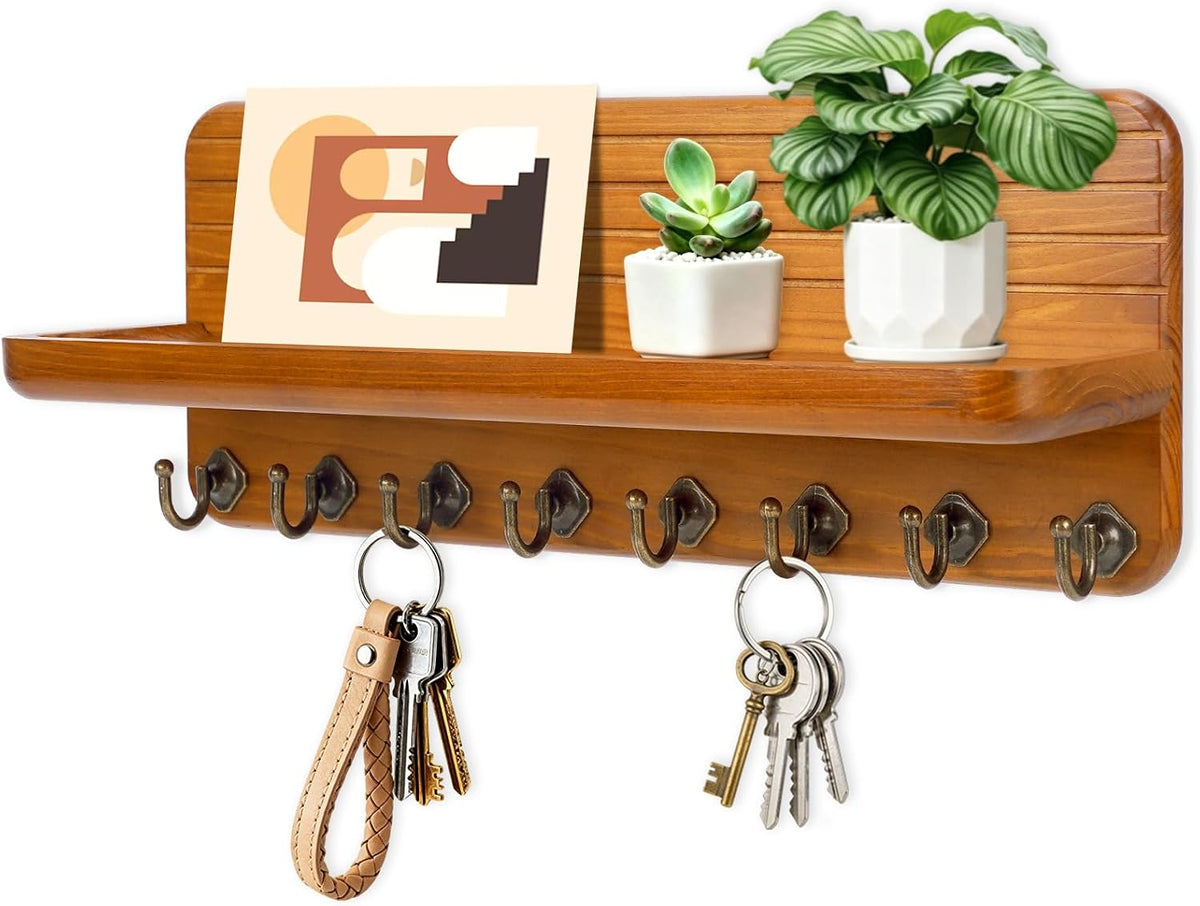 Key Holder for Wall, Mail Organizer Wall Mount with 8 Hooks Wooden Hanging Key Rack for Home Decor, Hallway, Entryway (Yellow)