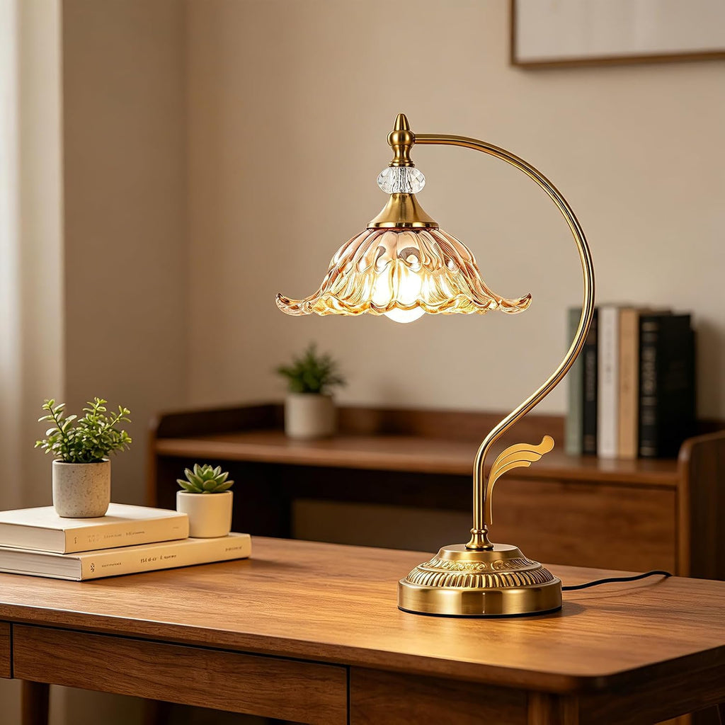 Vintage Floral Table Lamp, Plug in Mid-Century Modern Desk Lamp with Amber Glass Shade, Gold Bedside Table Lamp Dimmable for Bedroom Living Room Home Office, E26 Base, UL Listed