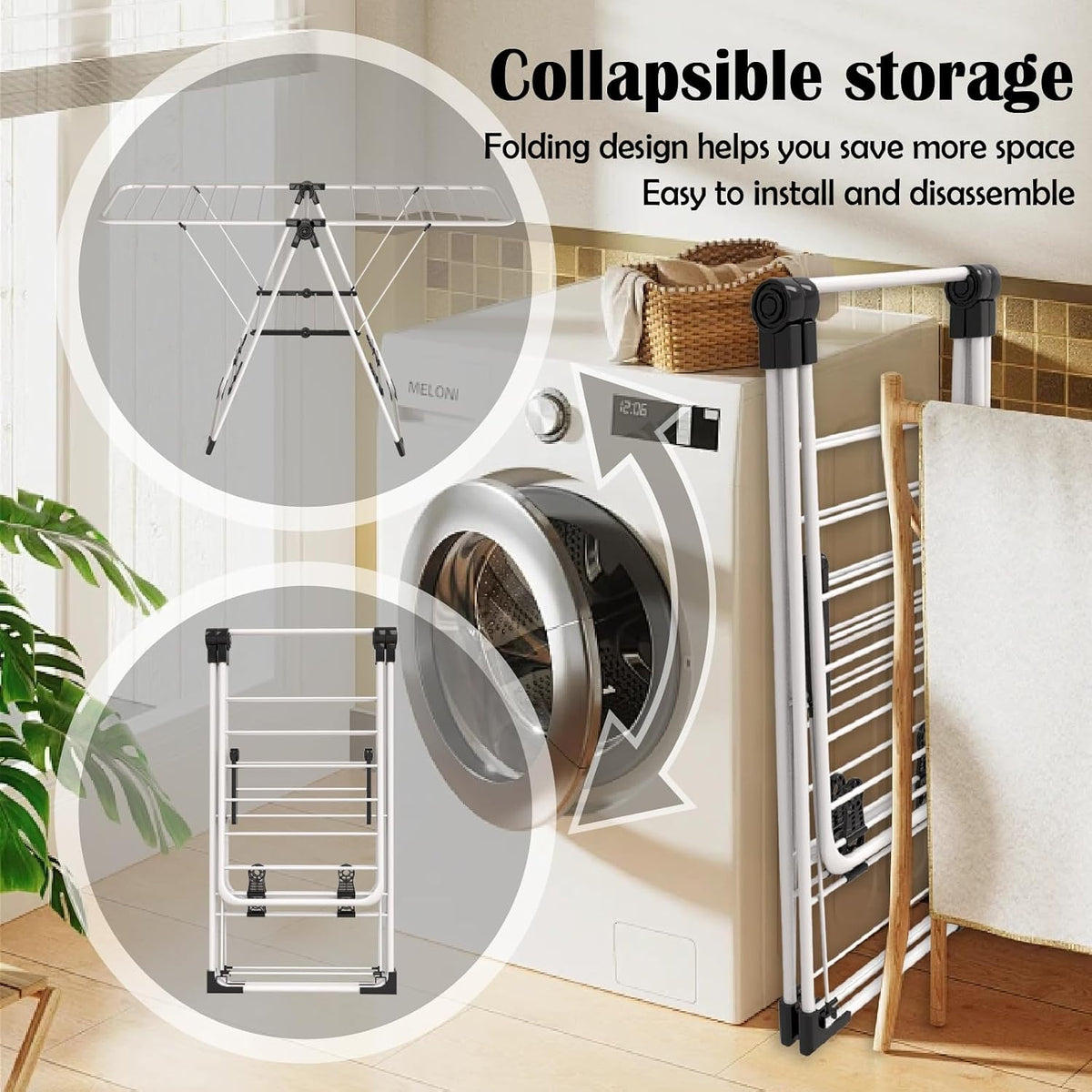 Maomo Foldable Clothes Drying Rack, Double-Sided Gullwing Laundry Drying Stand with Adjustable Wings, Tool-Free Setup, Space-Saving Steel Rack for Indoor Use, White