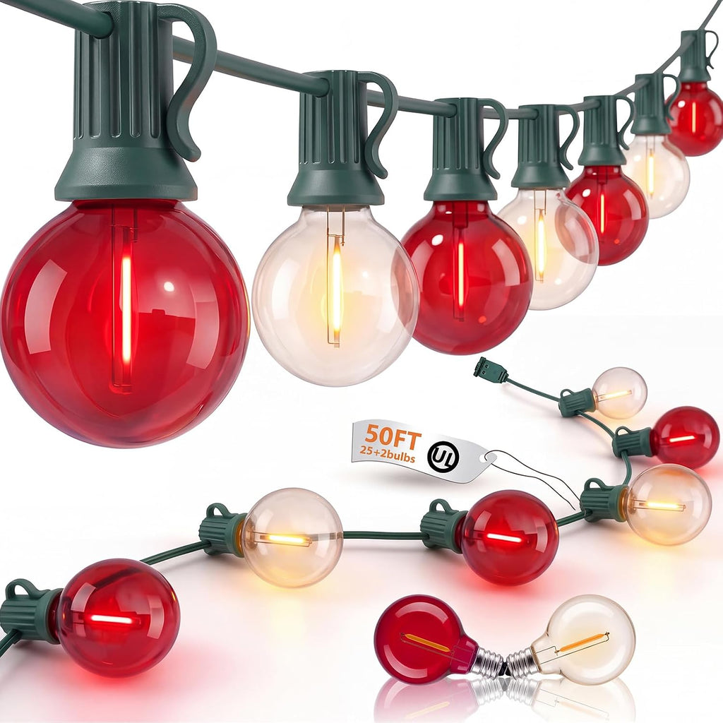 50FT LED G40 Red and White Christmas String Lights Outdoor, 27 Globe Bulbs