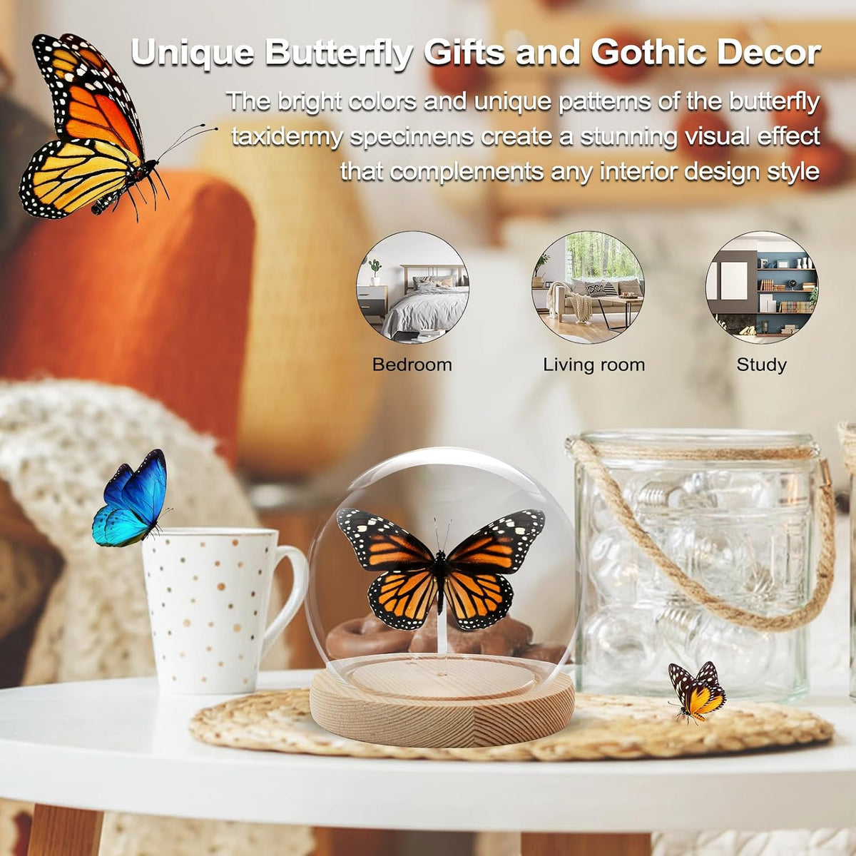 Monarch Butterfly Framed Decoration - Handmade Glass Shadow Box Insect Frame for Butterfly Collectors - Tabletop, Wall Art,Live Room,Gothic Home Decor(Glass Ball)