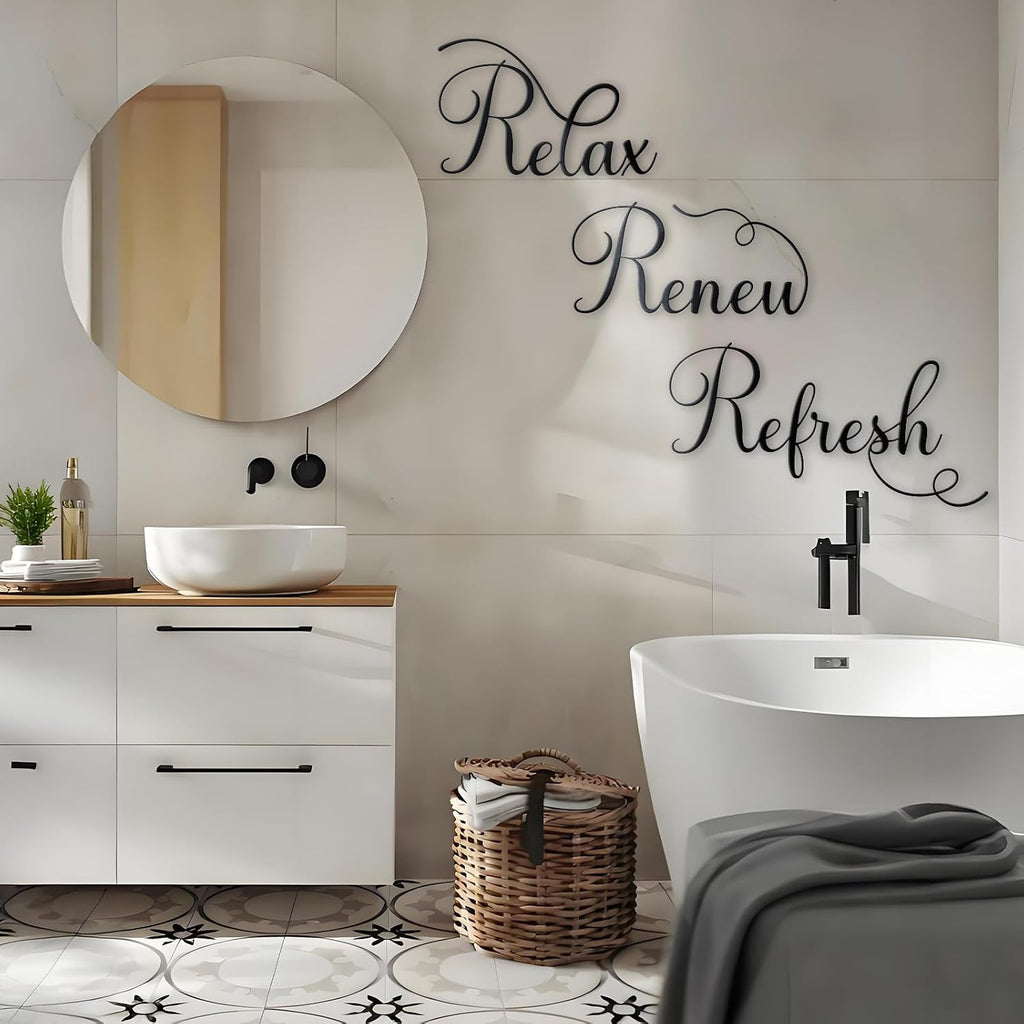 Zzbakress 3 Pcs Relax Refresh Renew Metal Wall Art Black Bathroom Decor Wall Art Metal Decorative Wall Art Farmhouse Wall Decor for Living Room Bedroom Bathroom (Elegant)
