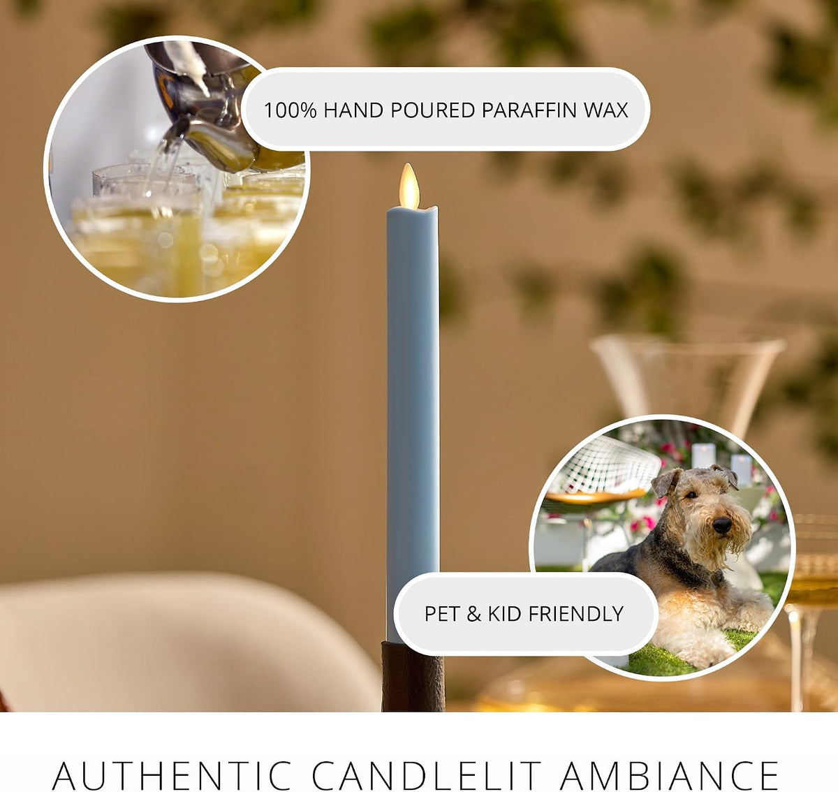 Luminara Flameless Candle Taper (1" x 9.5") Melted Top Real Wax Unscented Remote Ready Timer (Airy Blue)