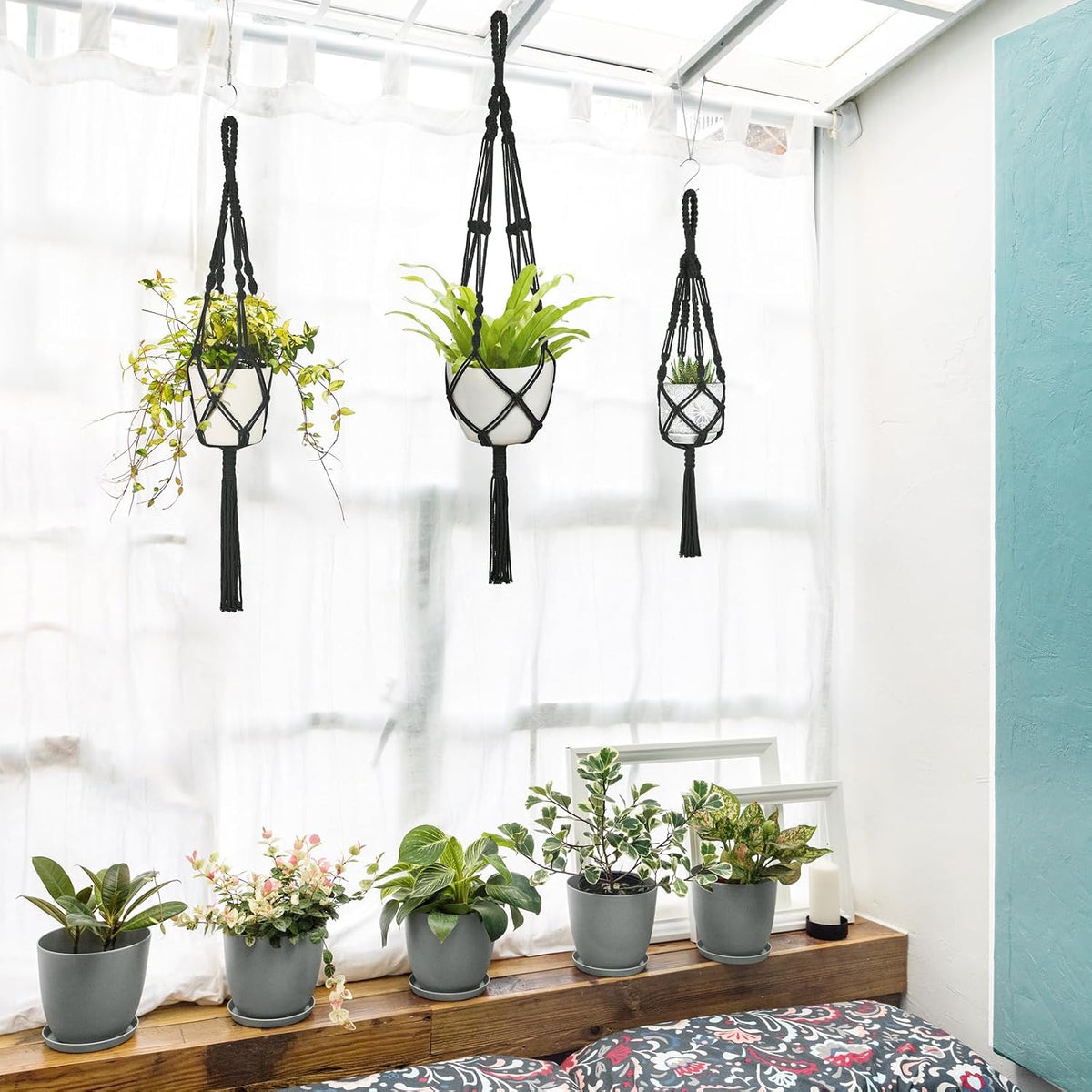 Mkono 3 Pack Macrame Plant Hanger, Hanging Planters for Indoor Plants Black