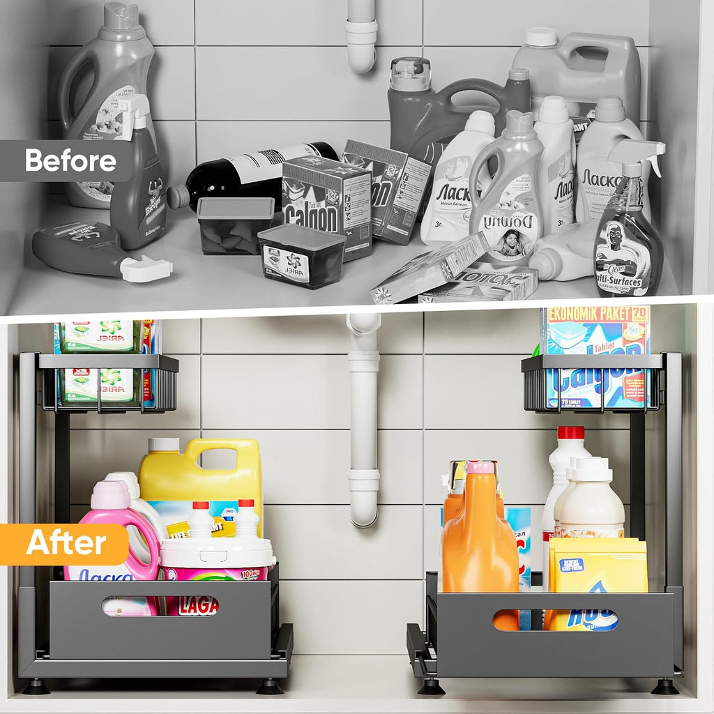 Saydear L-Shaped Under Sink Organizer, 2-Tier Pull-out Cabinet Rack 1-Pack