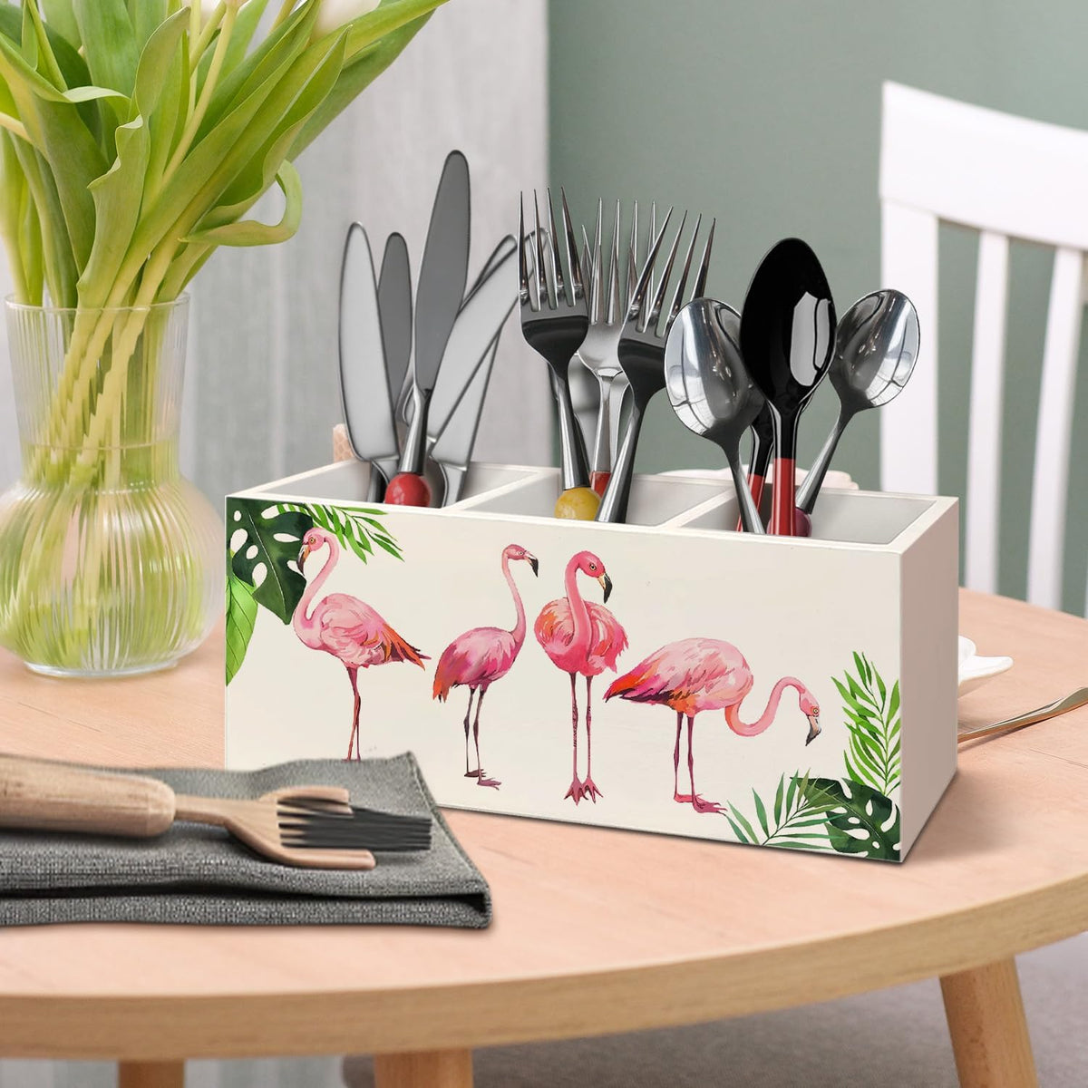 Tropical Pink Flamingo Wood Makeup Brush Toothbrush Holder Organizer for Vanity Bathroom,Pink Flamingo Gifts for Women,Girly Aesthetics Wooden Pen Pencil Holder for Desk Accessories