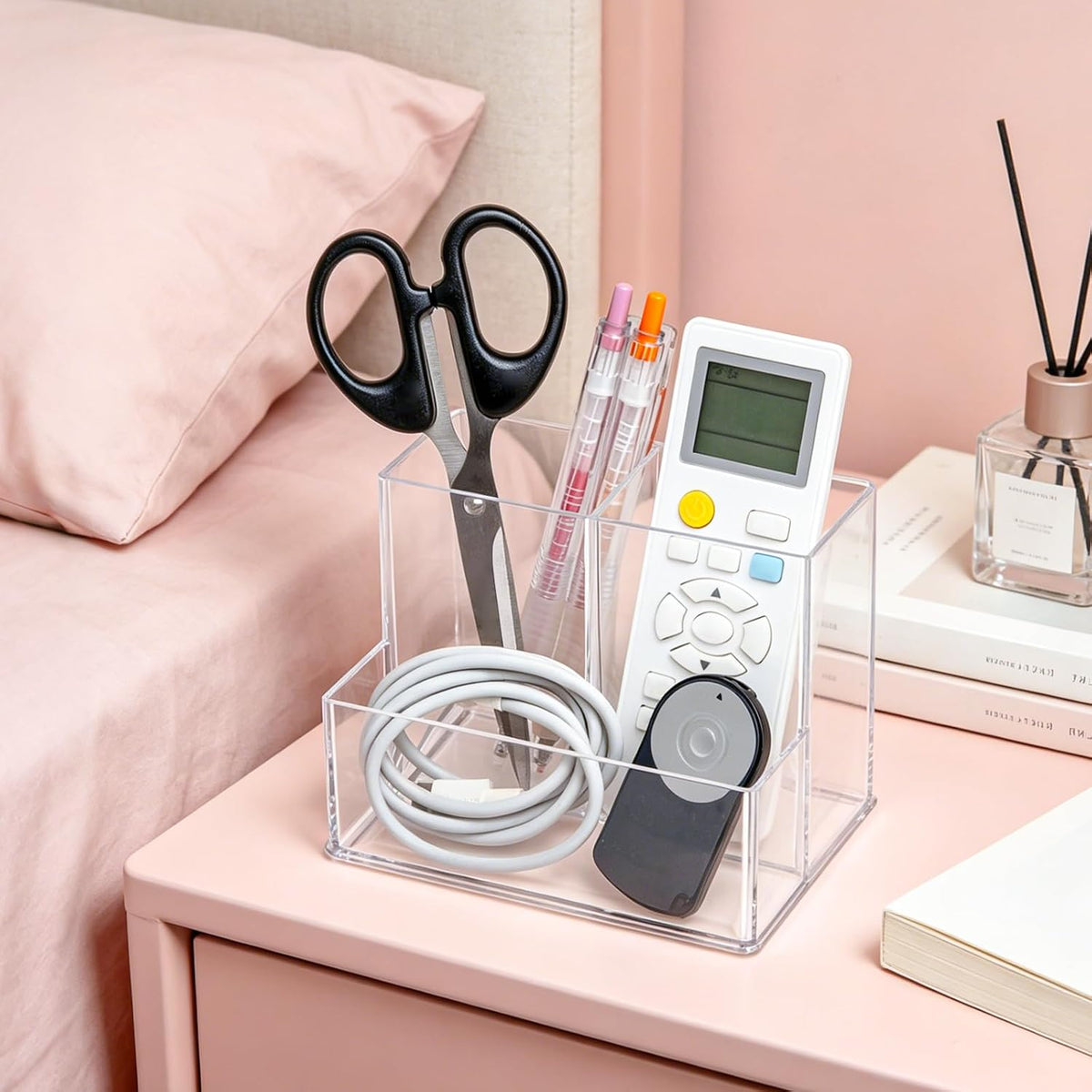 Vowcarol Clear Acrylic Remote Control Holder, 3 Compartments (2 Tall + 1 Low), Small Footprint, Tabletop Storage for TV, AC & Small Items