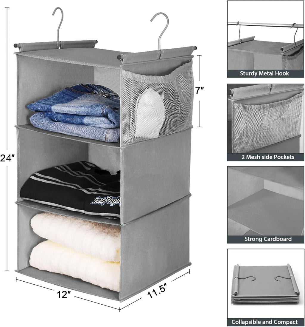 MAX Houser 3 Tier Shelf Hanging Closet Organizer, Space Saver,Closet Hanging Shelf with 2 Sturdy Hooks for Storage, Foldable (Grey)